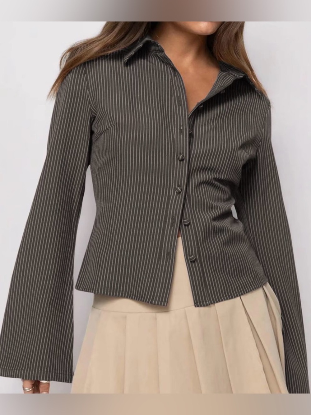 Striped Button-Up Shirt in Dark Gray and White